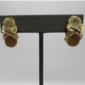 Vintage Clip‎ On Earrings Green Brown Enamel Gold Tone